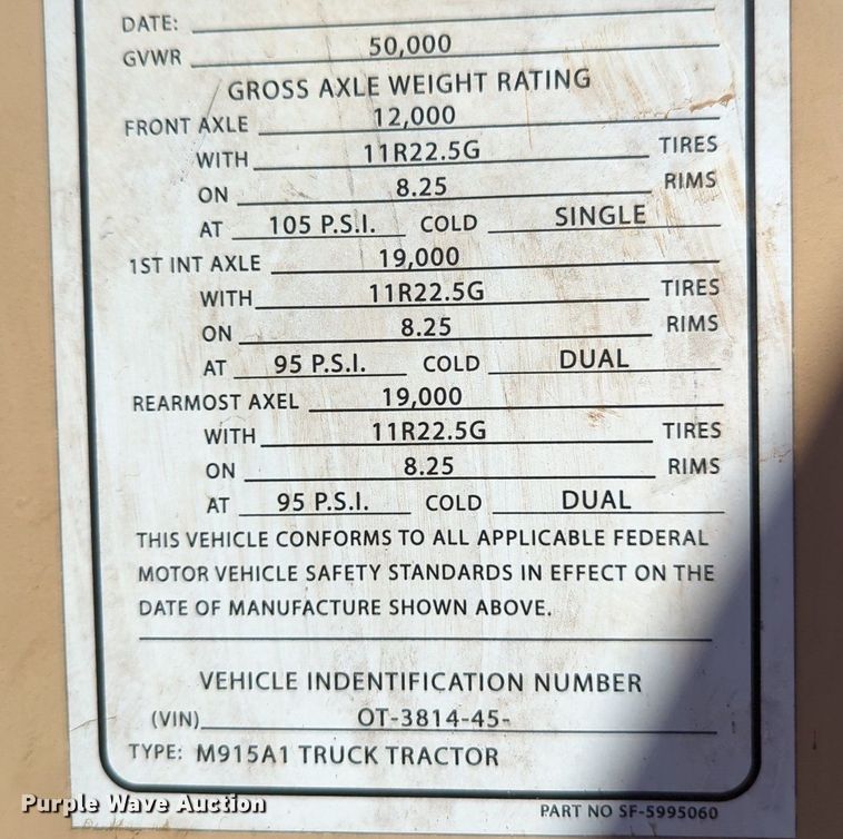 image for item NG9450 1983 AM General M-915-A1 truck cab and chassis