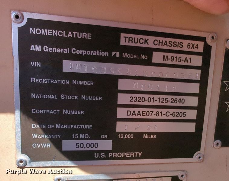 image for item NG9450 1983 AM General M-915-A1 truck cab and chassis