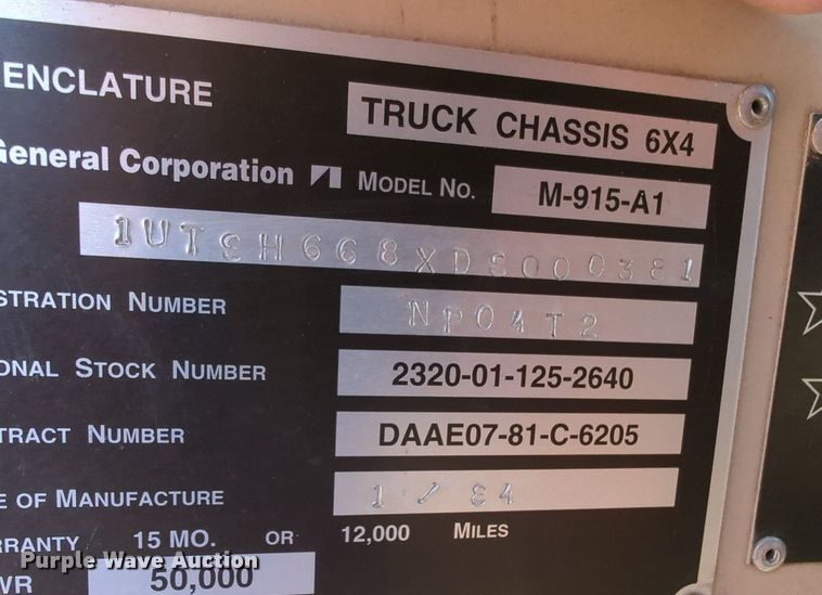 image for item NG9450 1983 AM General M-915-A1 truck cab and chassis