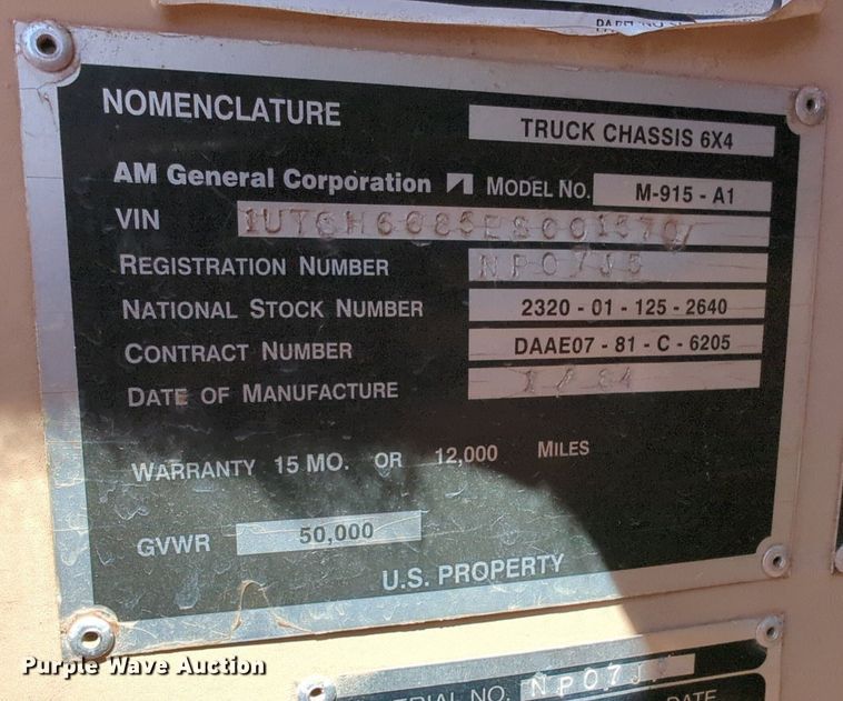 image for item NG9451 1984 AM General M-915-A1 truck cab and chassis