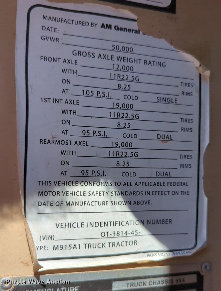 image for item NG9451 1984 AM General M-915-A1 truck cab and chassis