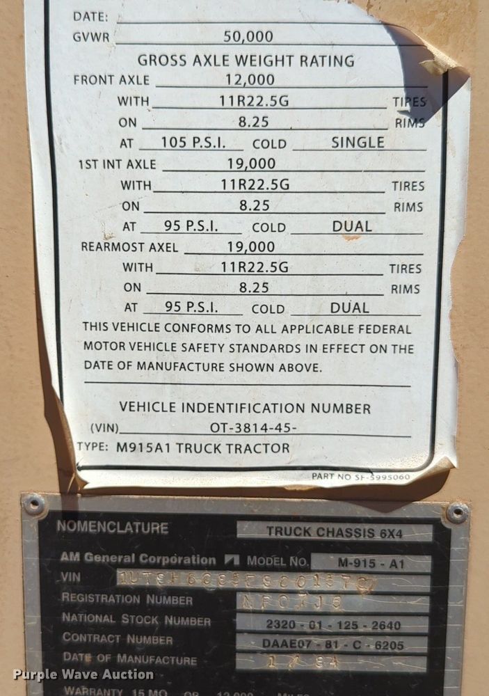 image for item NG9451 1984 AM General M-915-A1 truck cab and chassis