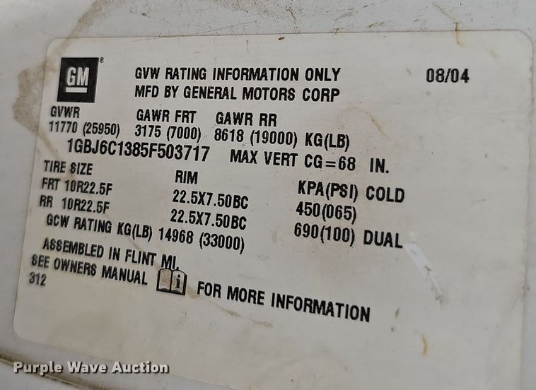 image for item NX9341 2005 Chevrolet C6500 dump truck