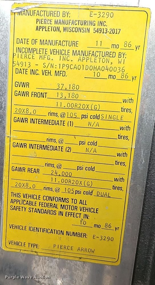 image for item NX9348 1987 Pierce Arrow pumper fire truck