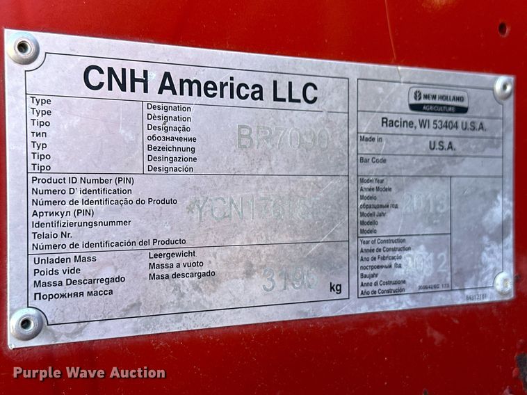 image for item ER8020 2013 New Holland BR7090 Specialty Crop round baler