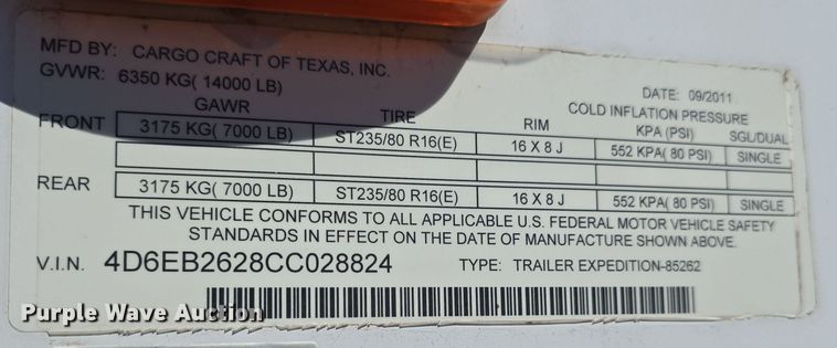 image for item OH9790 2012 Cargo Craft Trailer Expedition 85262 enclosed cargo trailer