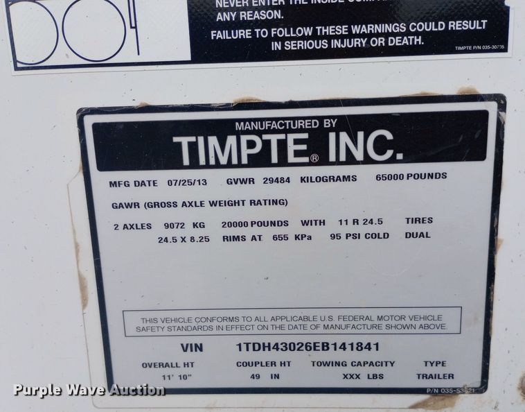 image for item DH1412 2014 Timpte  Super Hopper grain trailer