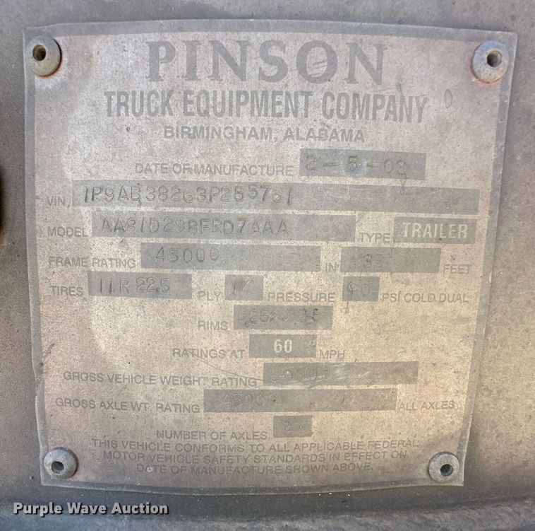 image for item DL0460 2003 Pinson AA81D298FRD7AAA feed delivery trailer