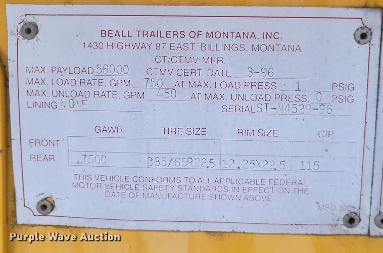 image for item DQ3688 1996 Beall BAST-95-3-SB tank trailer