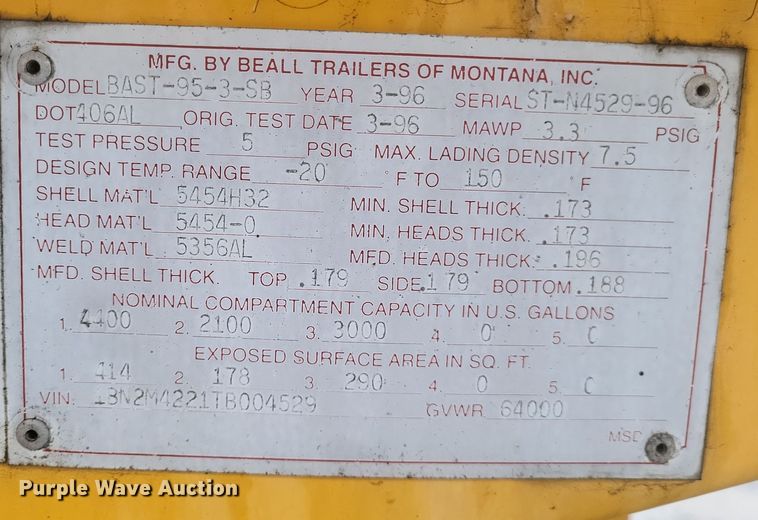 image for item DQ3688 1996 Beall BAST-95-3-SB tank trailer