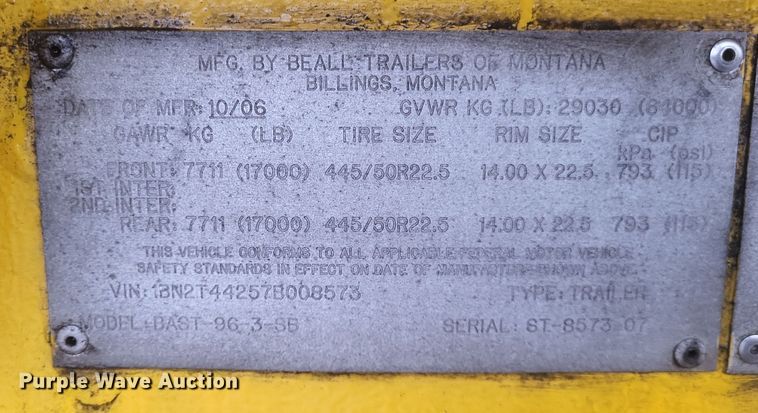 image for item DQ3689 2007 Beall BAST-96-3-SB tank trailer