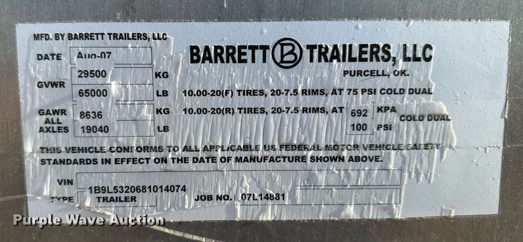 image for item DV2817 2008 Barrett livestock trailer