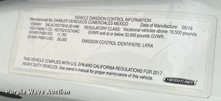 image for item EE7481 2017 Freightliner Business Class M2 box truck