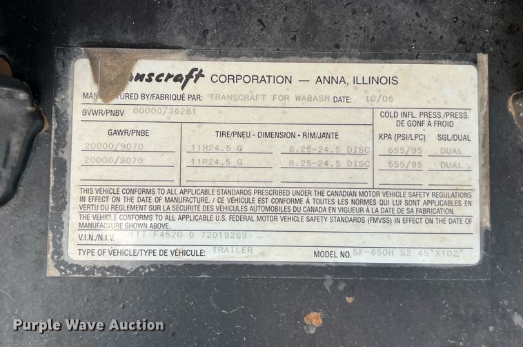 image for item EJ3022 2007 Wabash Transcraft SF-660H flatbed trailer