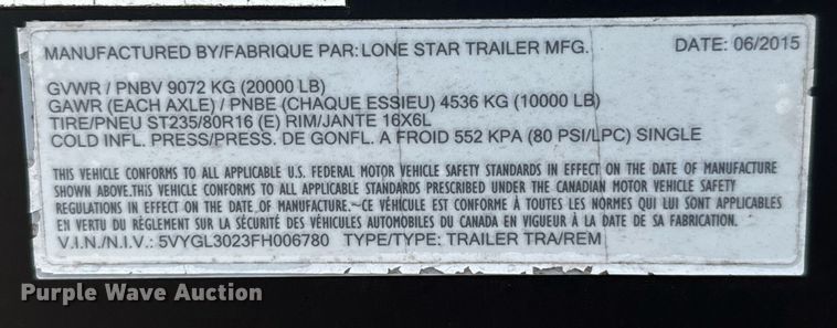image for item IE9136 2015 Lone Star Trailer equipment trailer