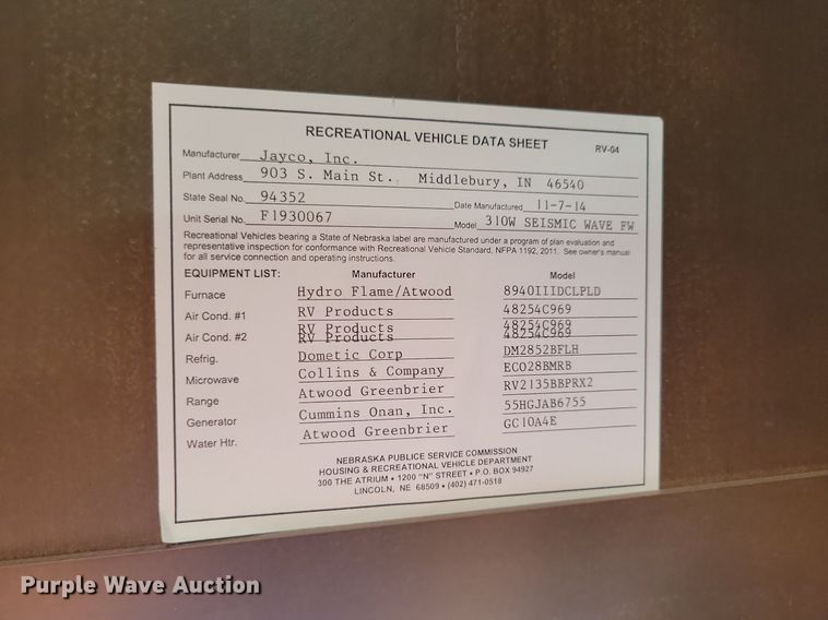 image for item DN3520 2015 Jayco Siesmic Wave 310 toy hauler camper