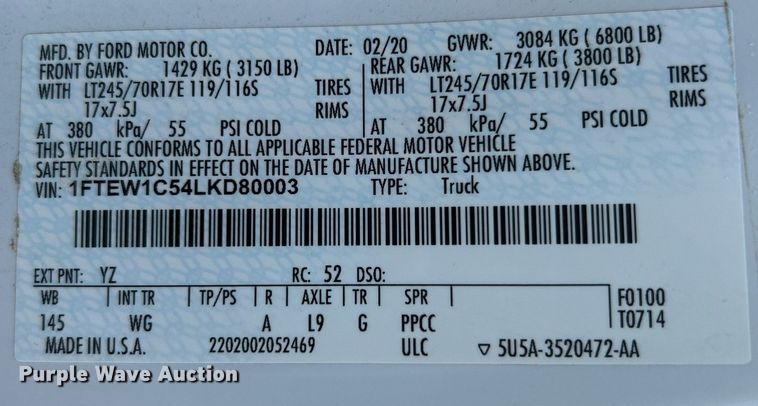 image for item DO7535 2020 Ford F150 XL SuperCrew pickup truck