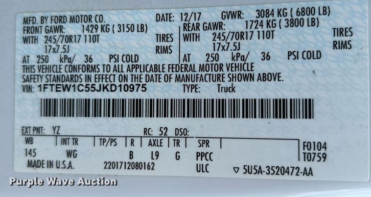 image for item DO7536 2018 Ford F150 XL SuperCrew pickup truck