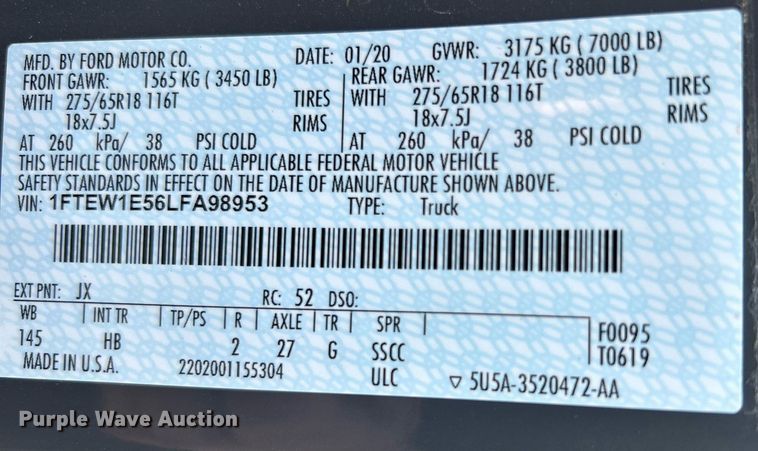 image for item DO7541 2020 Ford F150 Lariat SuperCrew pickup truck