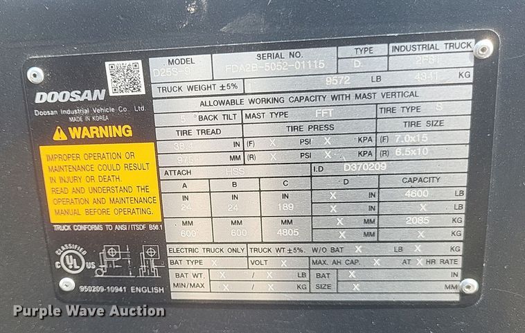 image for item DQ3672 Doosan  D25S-9 forklift