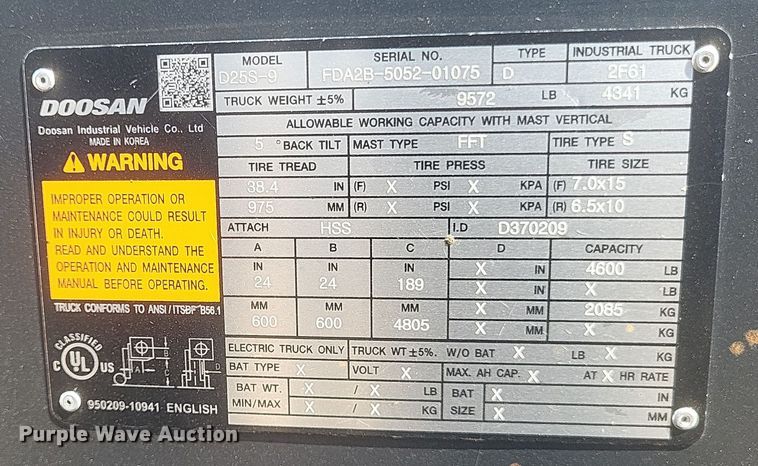 image for item DQ3673 Doosan  D25S-9 forklift