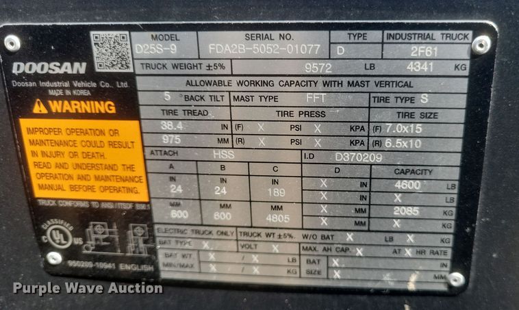 image for item DQ3674 Doosan  D25S-9 forklift