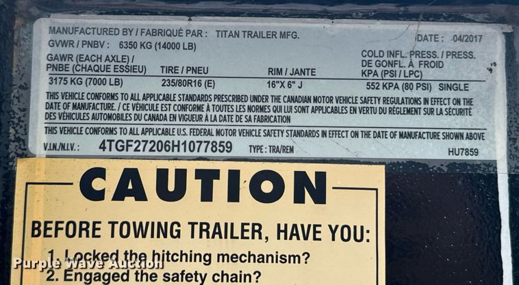 image for item DX1348 2017 Titan equipment trailer