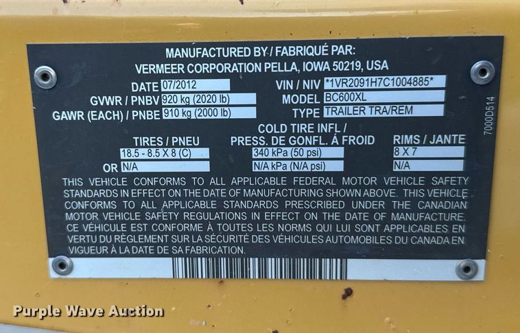 image for item DX3653 2012 Vermeer BC600XL wood chipper