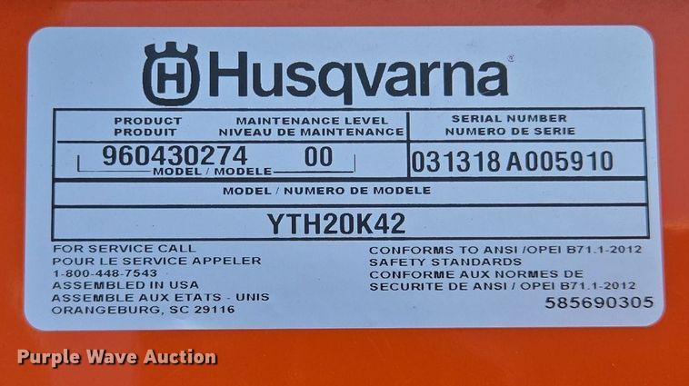 image for item EE8574 2018 Husqvarna  YTH 20K42 lawn mower