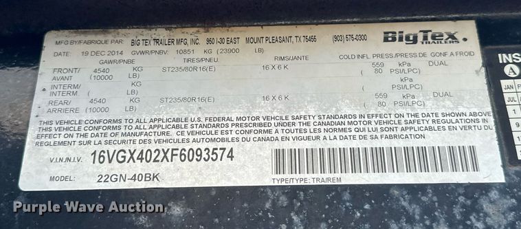 image for item EG1068 2015 Big Tex 22GN-40BK equipment trailer