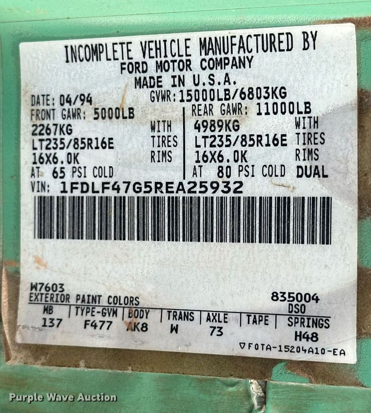 image for item EK0002 1994 Ford F450 Super Duty utility / service truck