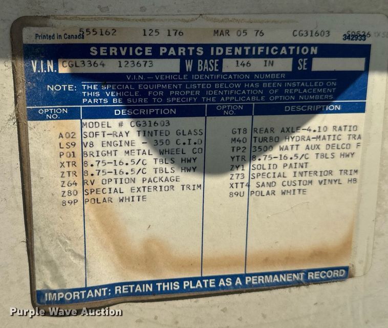 image for item LR9500 1976 Coachmen Chevy Van 30 RV