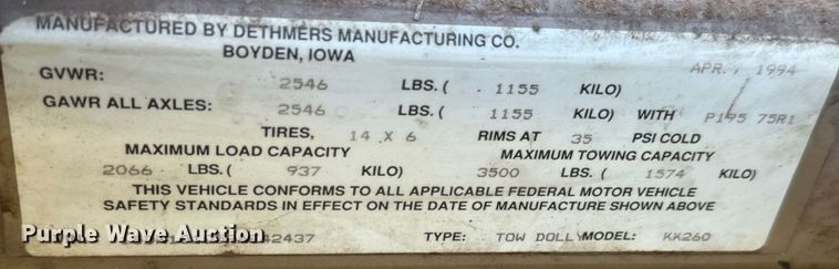 image for item MV9221 1994 Dethmers Kar Kaddy KK260 car dolly