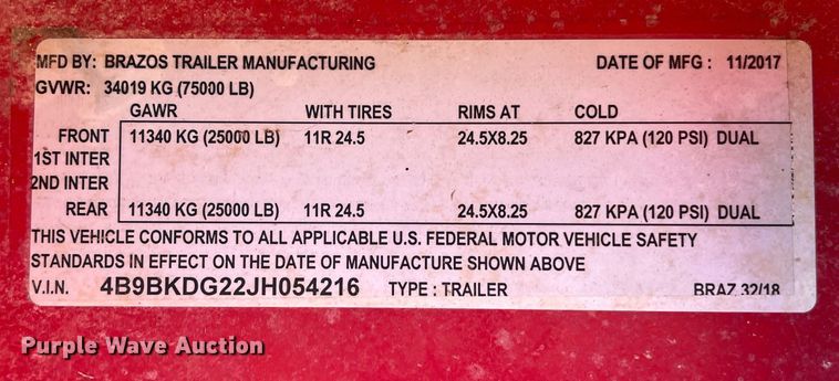 image for item DO2502 2018 Brazos end dump trailer