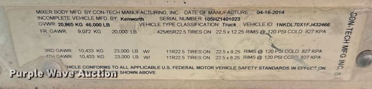 image for item DO2518 2015 Kenworth T800 ready mix truck