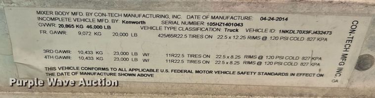 image for item DO2519 2015 Kenworth T800 ready mix truck