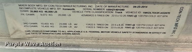 image for item DO2521 2015 Kenworth T800 ready mix truck