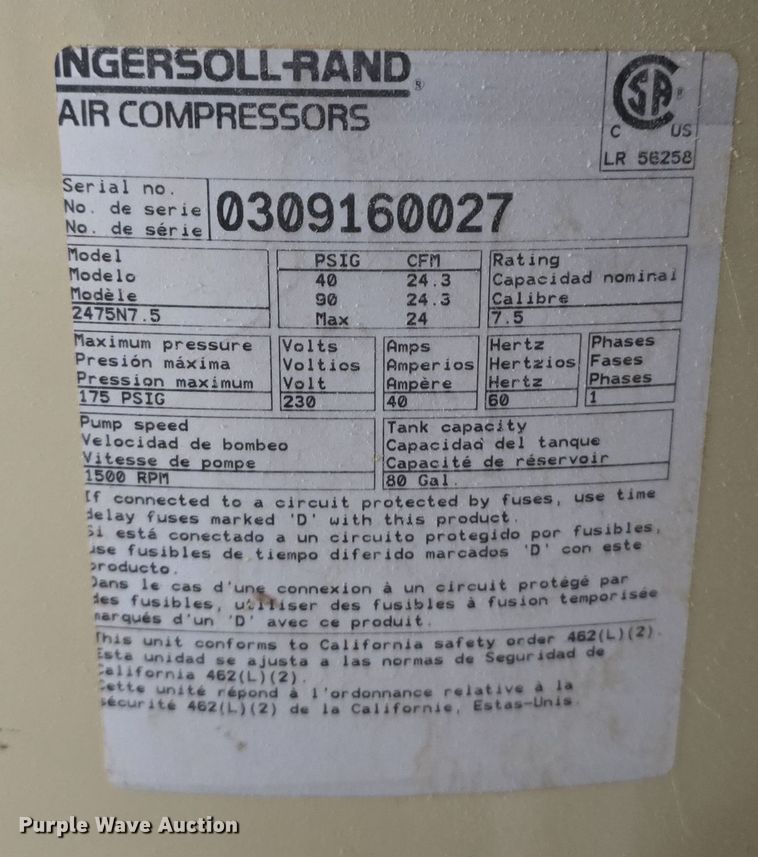 image for item DO5543 Ingersoll Rand 2475N7.5 air compressor
