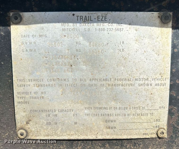 image for item DO7514 2001 Trail-Eze DHT7048 drop deck hydraulic tail equipment trailer