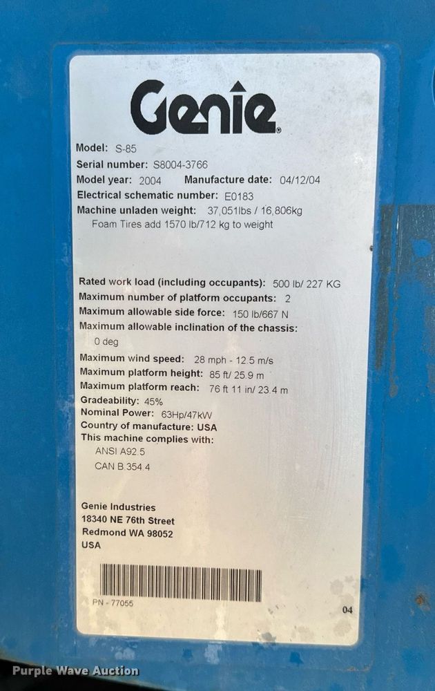 image for item DT2028 2004 Genie  S85 boom lift
