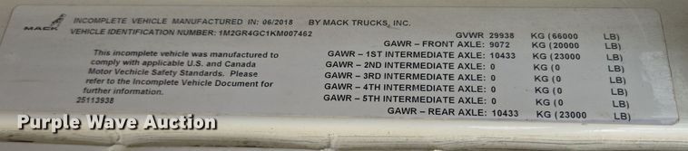 image for item DV5254 2019 Mack Granite dump truck