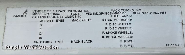 image for item DV5255 2019 Mack Granite dump truck