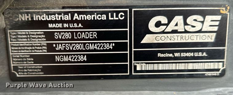 image for item DV5950 2016 Case SV280 skid steer loader