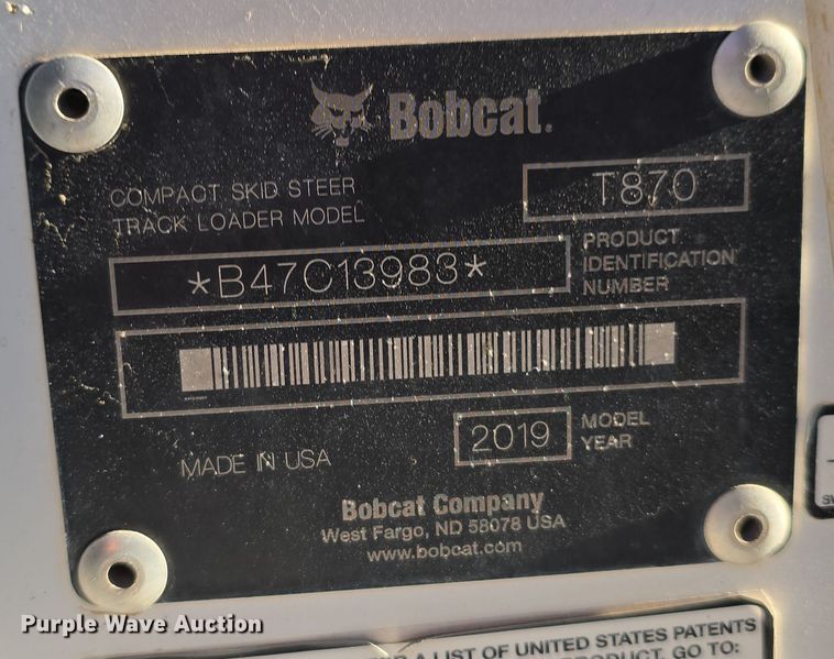 image for item DW3782 2019 Bobcat T870 tracked skid steer loader