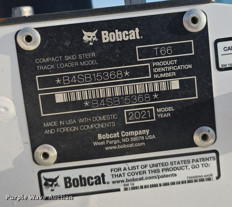 image for item DW3785 2021 Bobcat T66 tracked skid steer loader