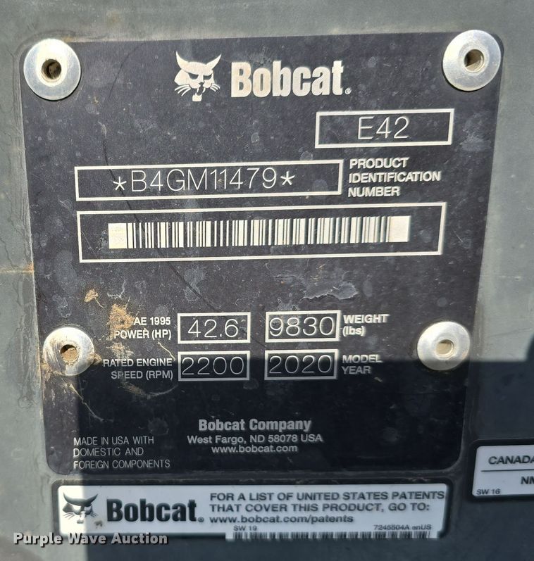 image for item DW3787 2020 Bobcat E42 R2-Series mini excavator