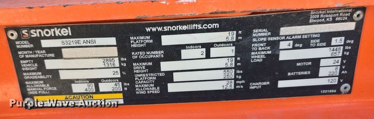 image for item DW3836 2016 Snorkel S3219E scissor lift