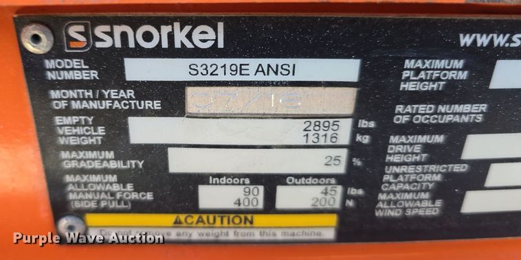 image for item DW3836 2016 Snorkel S3219E scissor lift
