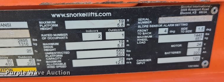 image for item DW3836 2016 Snorkel S3219E scissor lift