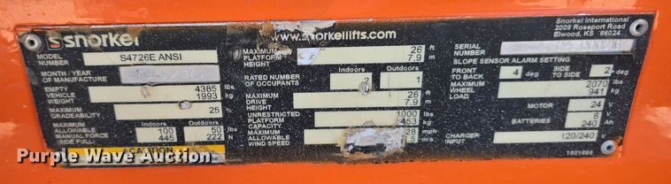 image for item DW3838 2016 Snorkel S4726E scissor lift